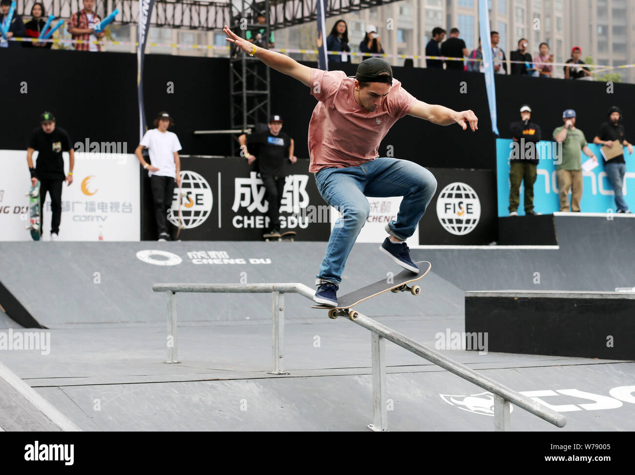 19-year-old French skateboarding star Joseph Garbaccio performs during the FISE World Series Chengdu 2017 in Chengdu city, southwest China's Sichuan p Stock Photo