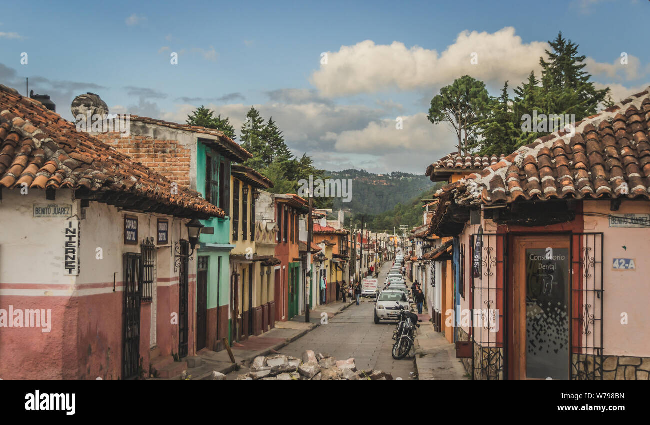 San Cristobal de las Casas, Chiapas / Mexico - 21/07/2019:  Detail of the downtown streets Stock Photo