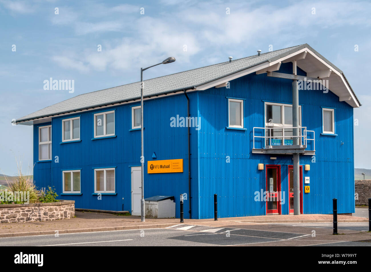 NFU Mutual insurance company in a modern corrugated iron building at North Ness Business Park, Lerwick, Shetland. Stock Photo