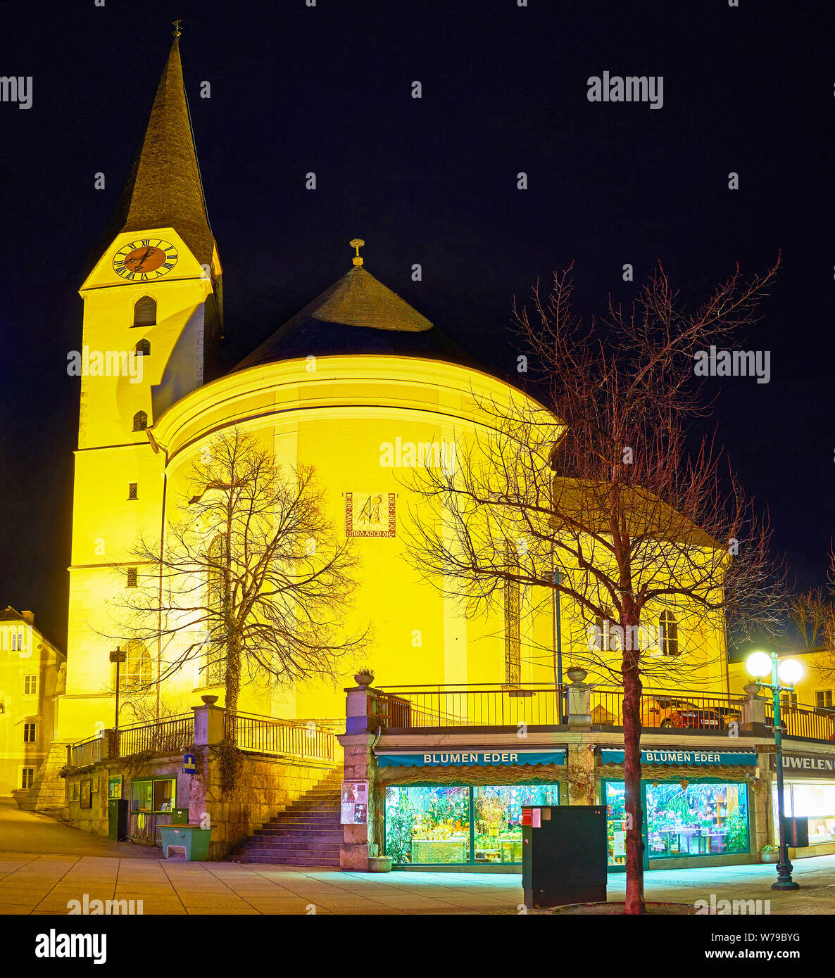 BAD ISCHL, AUSTRIA FEBRUARY 20, 2019 The apse and tall clock tower