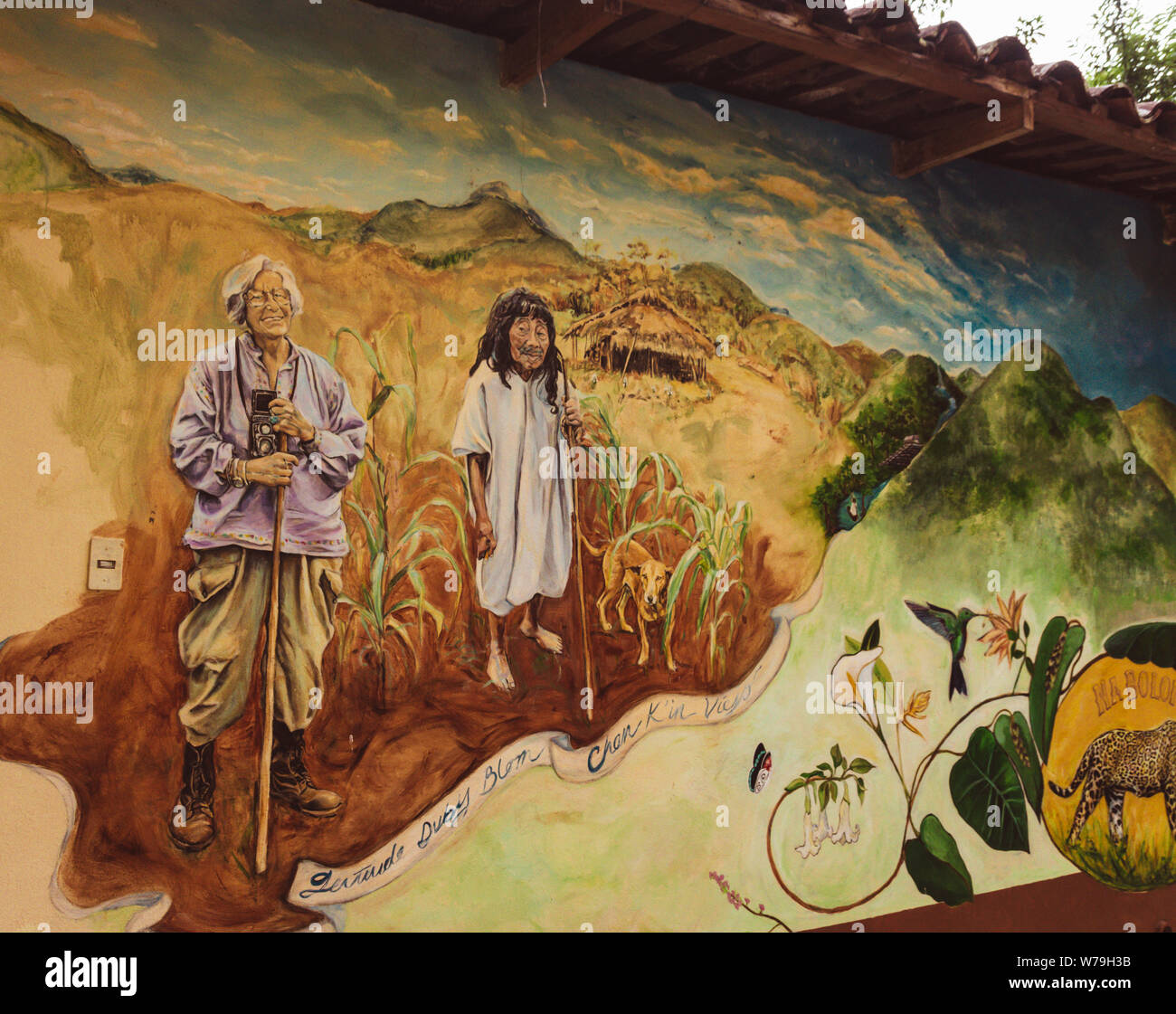 San Cristobal de las Casas, Chiapas / Mexico - 21/07/2019: Detail of mural in Na Bolom cultural site in San Cristobal de las Casas Mexico Stock Photo