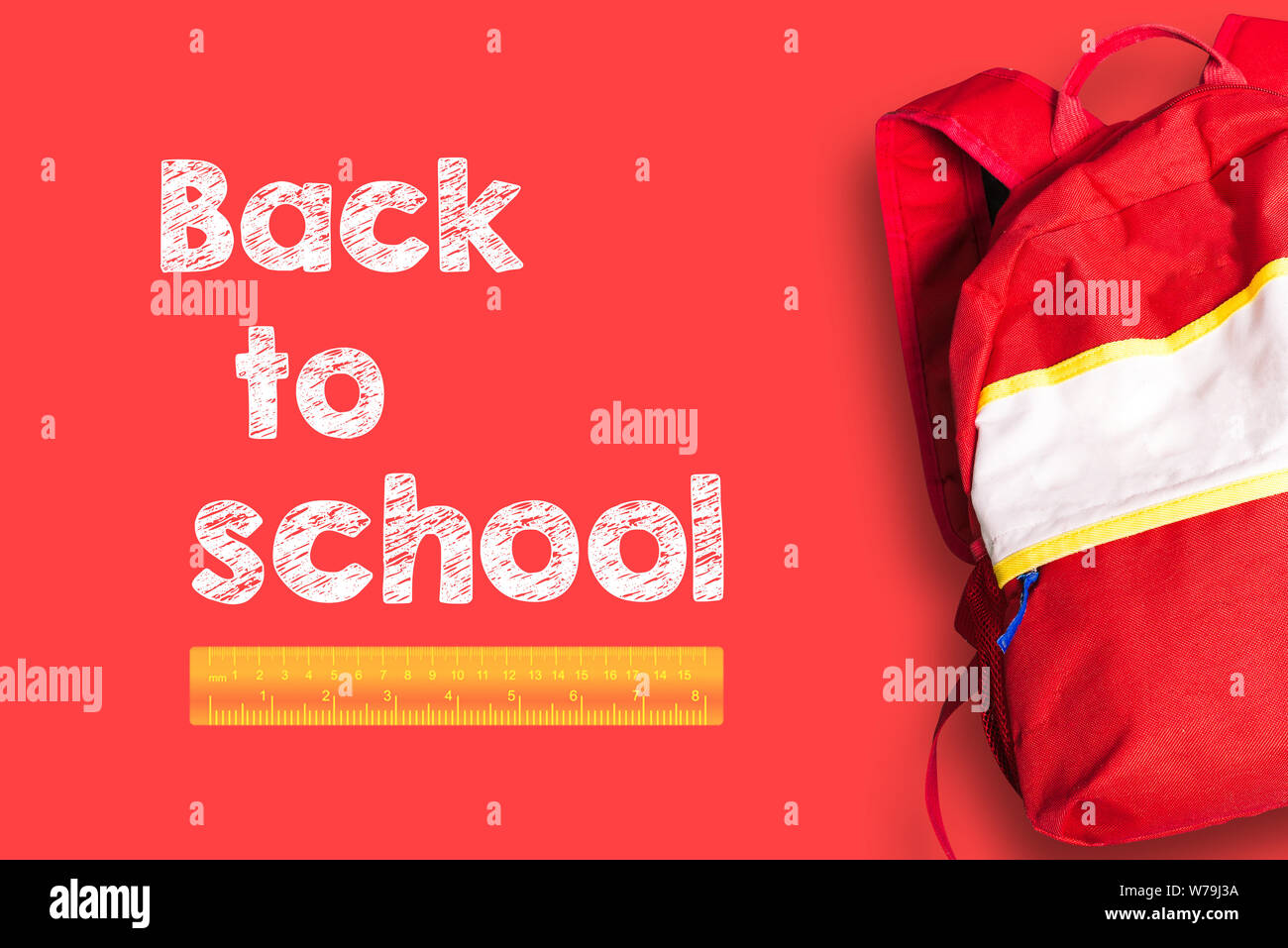 Backpack on a red background. Caption Back to school. Red school bag