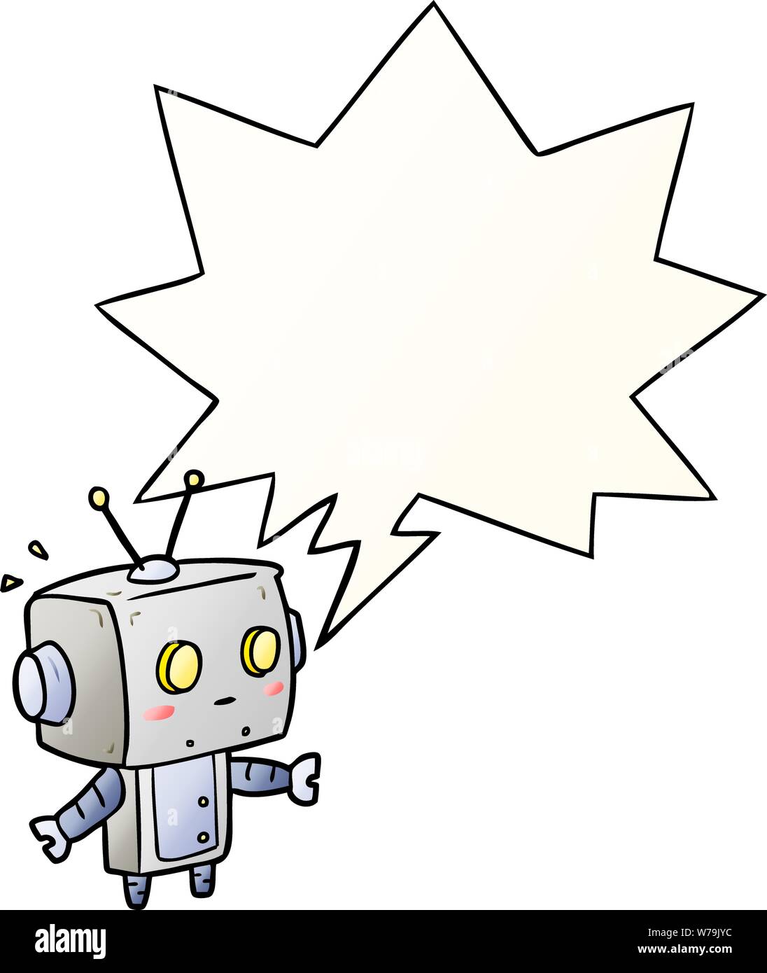 cute cartoon surprised robot with speech bubble in smooth gradient style Stock Vector