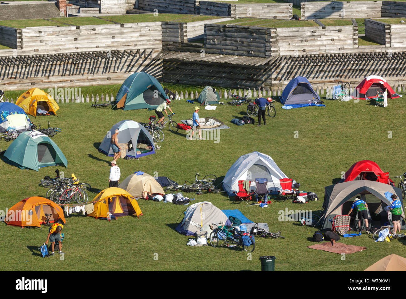 Bicyclists camp out on the grounds of Fort Stanwix, in Rome, New York, during the annual bike tour of the Erie Canal's canalway trail. Stock Photo