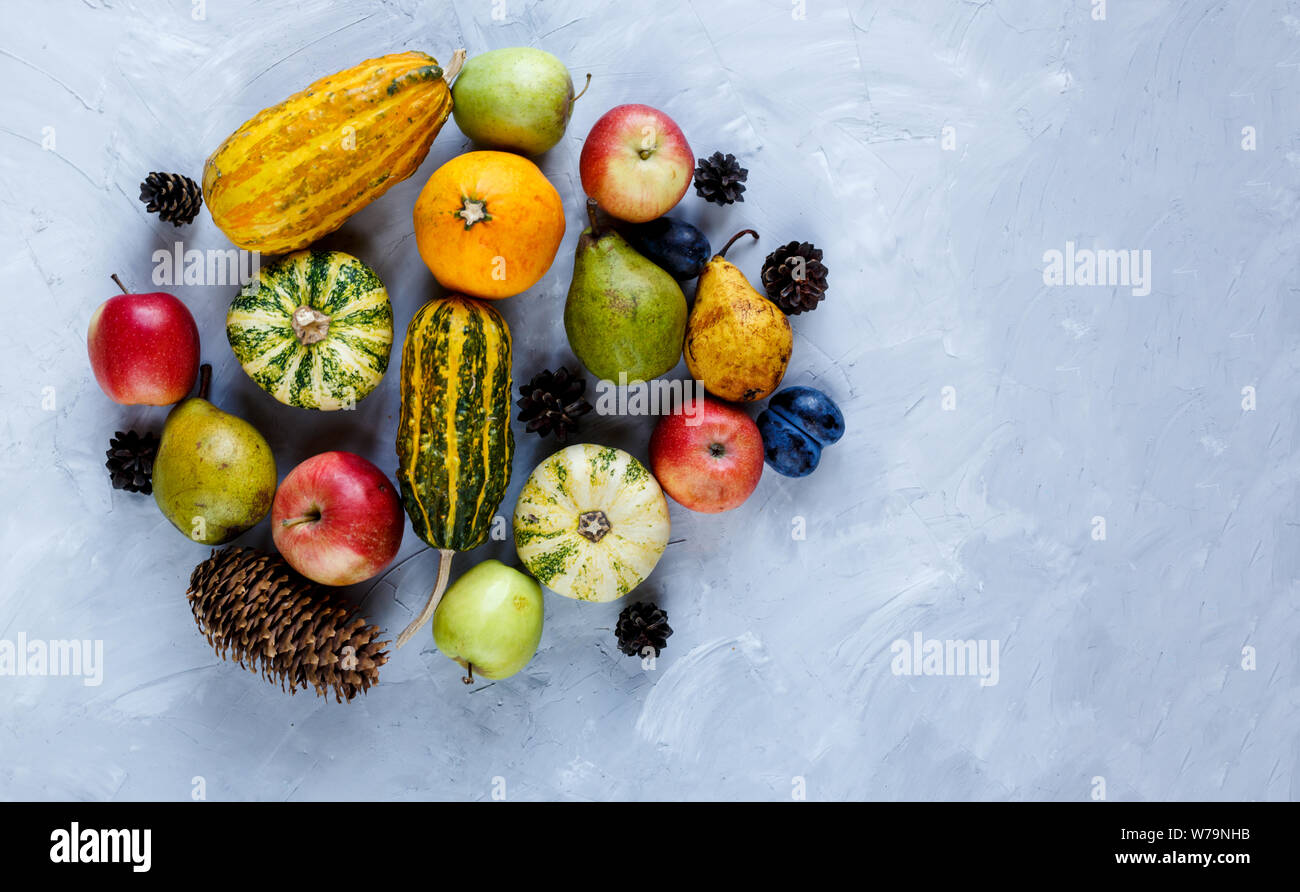 Thanksgiving day composition of vegetables and fruits on gray background. Autumn harvest concept. Pumpkins, pears, plums, apples on  table, top view, Stock Photo