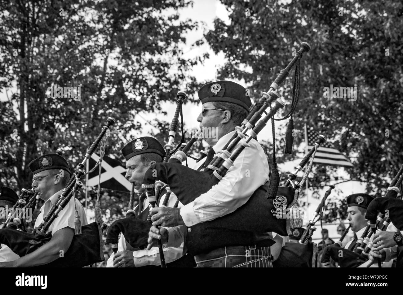 Fergus, Ontario, Canada - 08 11 2018: Pipers of the Pipes and Drums band paricipating in the Pipe Band contest held by Pipers and Pipe Band Society of Stock Photo