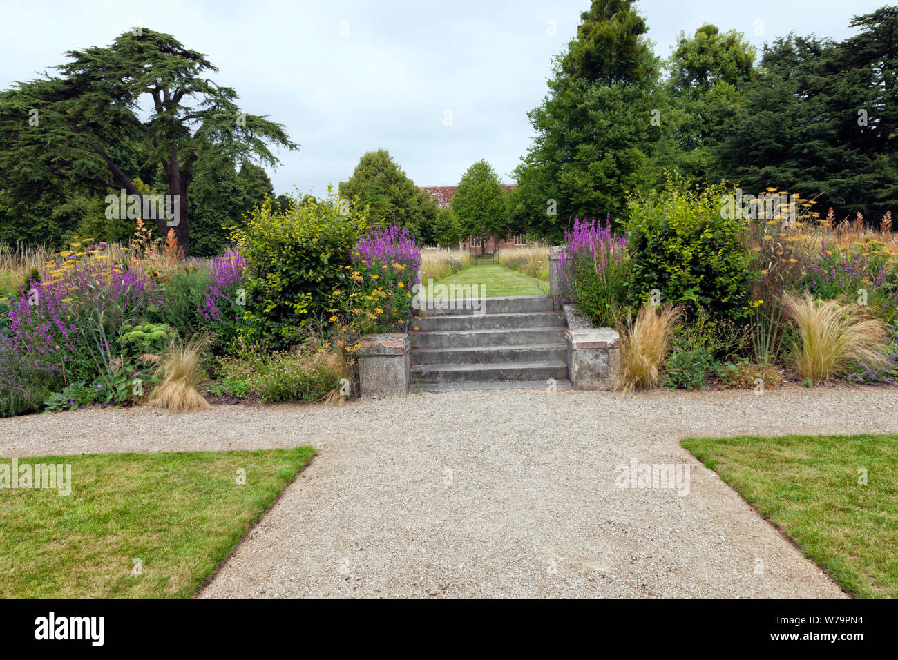 Summer garden with stone path leading to a staircase to wild flower meadow, surrounded by mature trees . Stock Photo