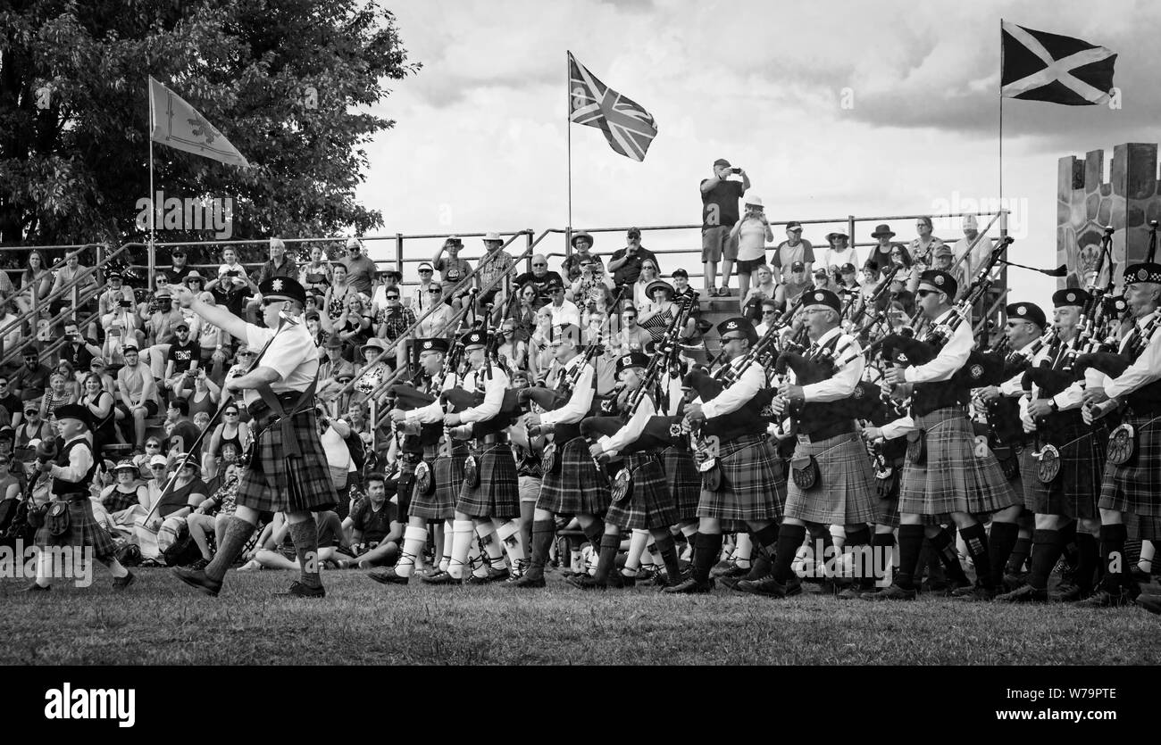 Fergus, Ontario, Canada - 08 11 2018: Over 20 Pipe bands paricipated in the Pipe Band contest held by Pipers and Pipe Band Society of Ontario during F Stock Photo