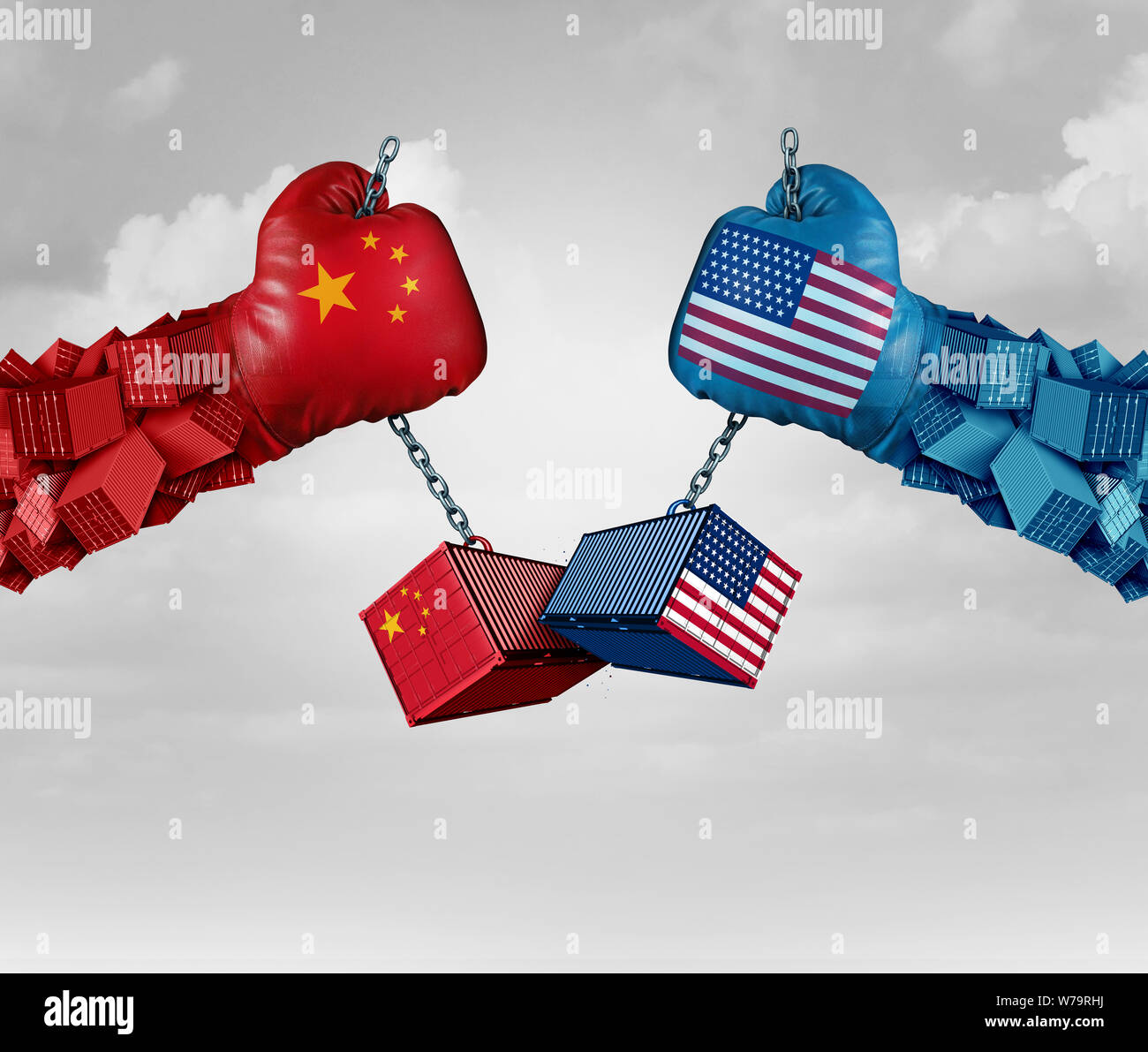 China US or United States trade and American USA tariffs on Chinese goods as a conflict with two opposing trading partners as an economic import. Stock Photo