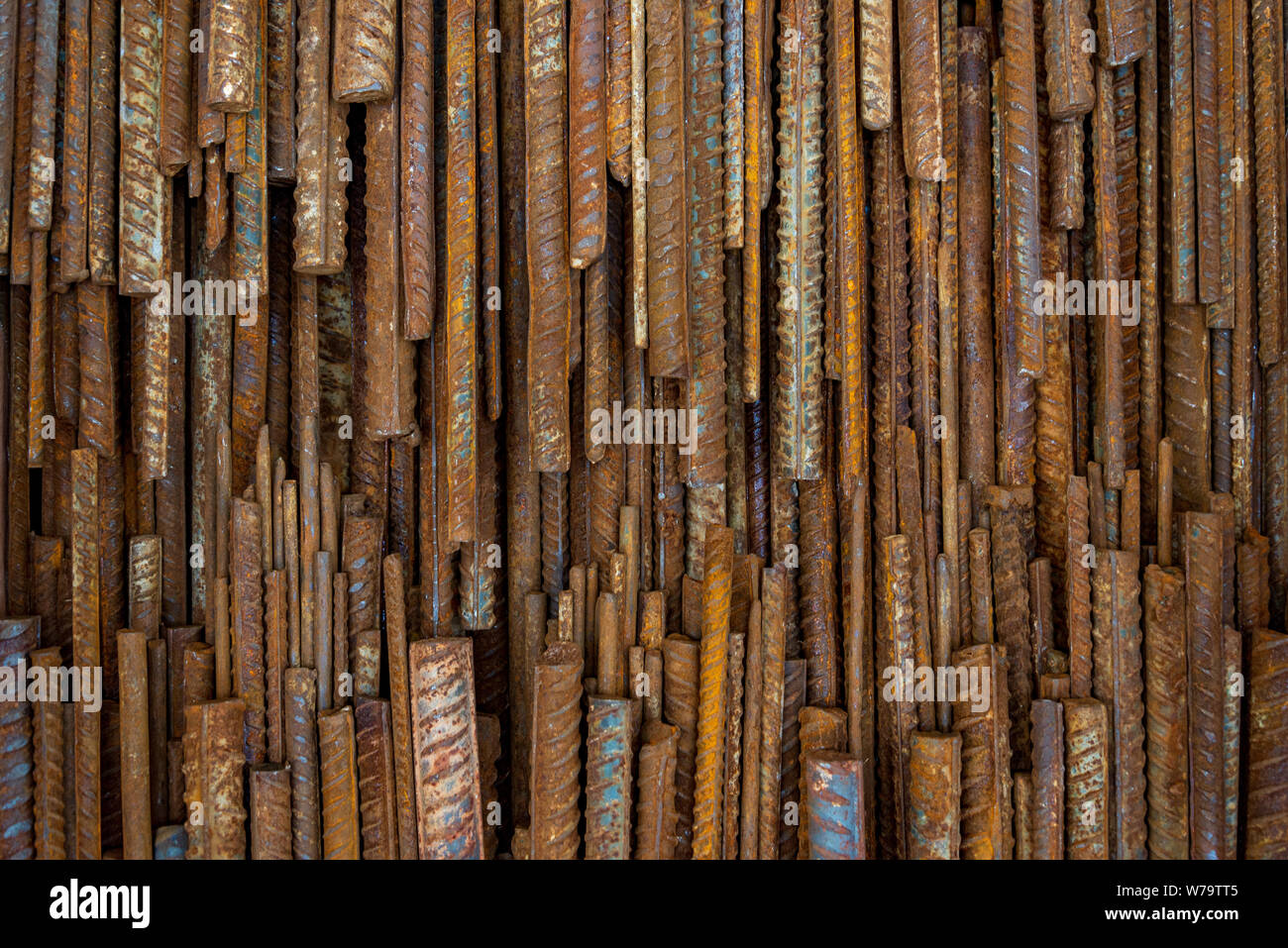 Top view stack of straight old rusty high yield stress deformed