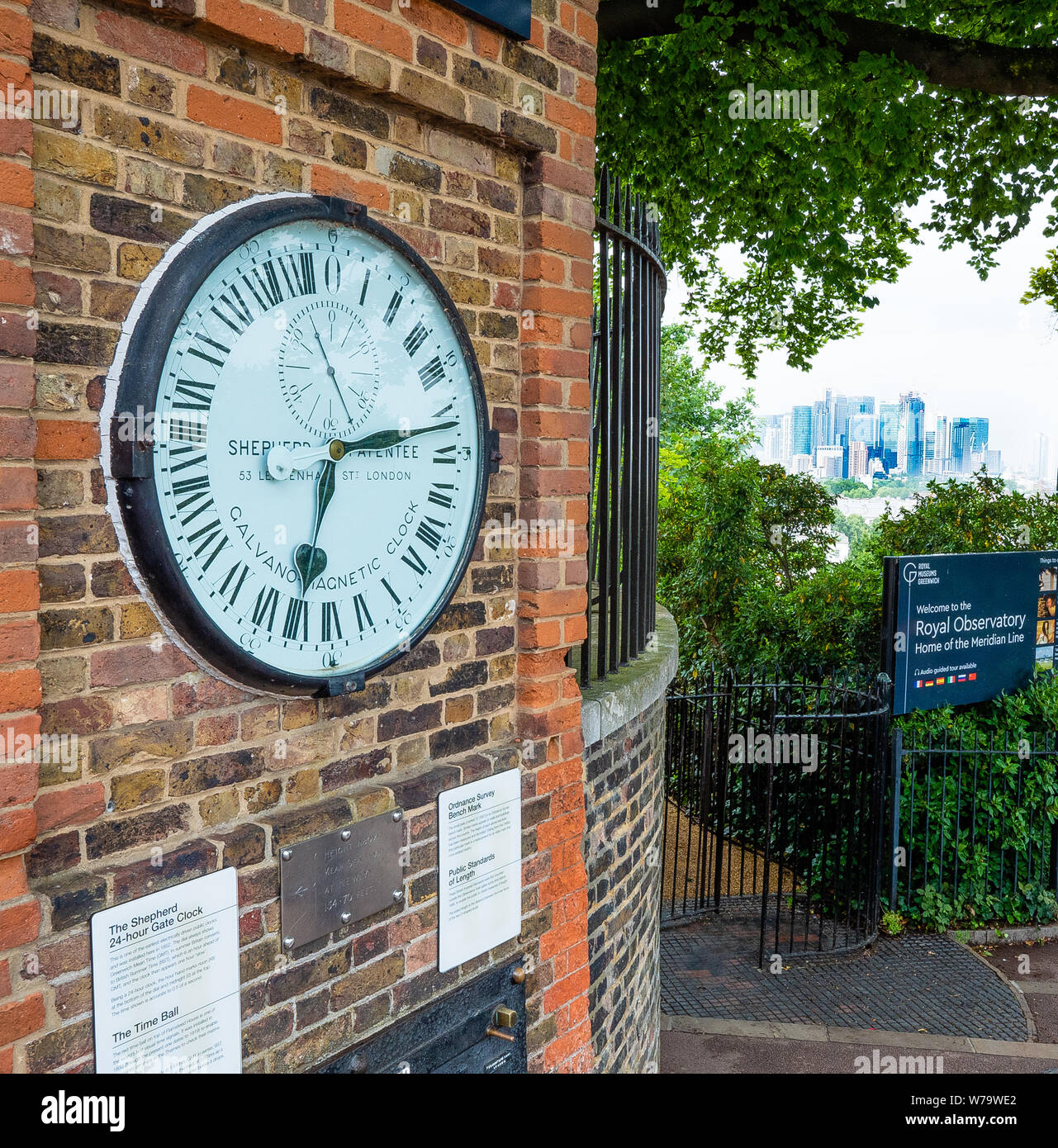 The Shepherd Gate 24 hour electric clock on the walls of Greenwich Observatory in London UK Stock Photo