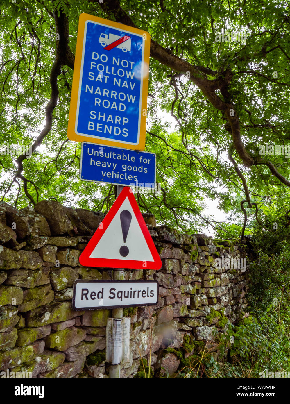 Entrance to a country lane in Cumbria UK warning caution about red squirrels and against sat nav use for heavy lorries Stock Photo