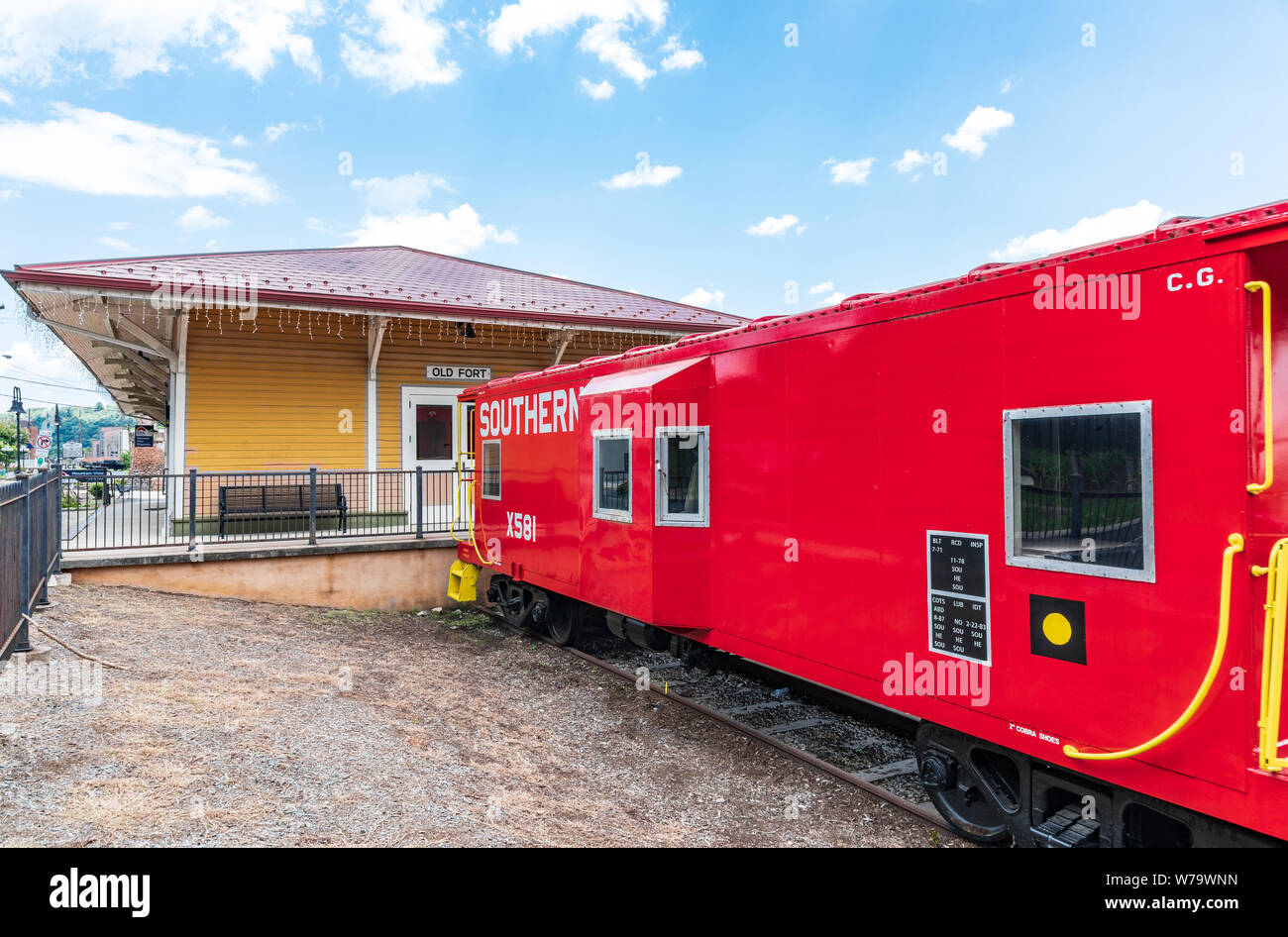 OLD FORT, NC, USA27 JULY 19 The historic train depot and a restored