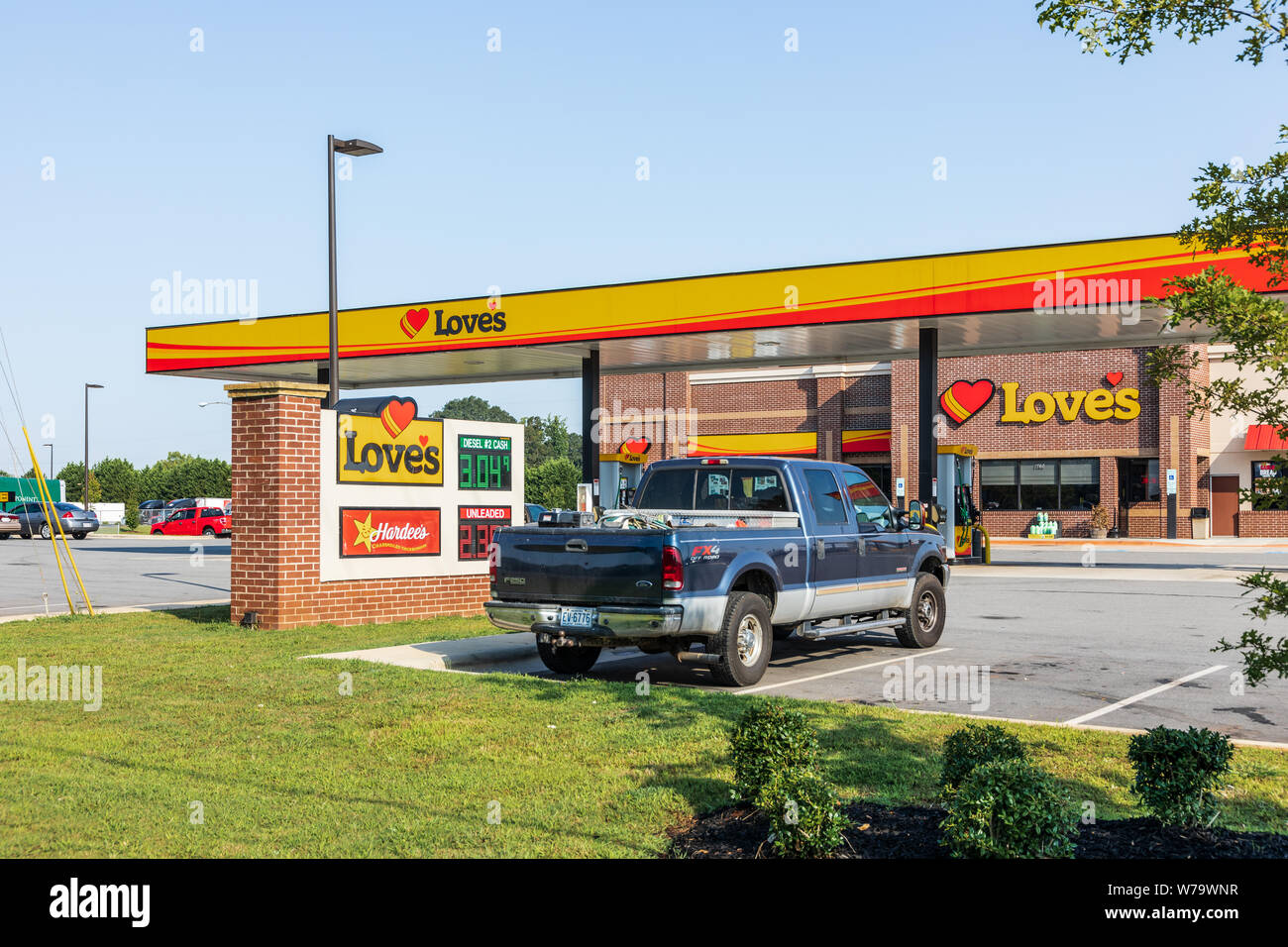 Newton, NC, USA-28 July 19: A Love's truck stop, convenience store and service center, on Hwy 10 in Newton. Stock Photo