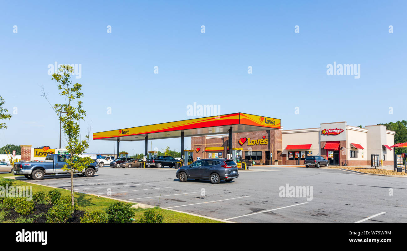 Newton, NC, USA-28 July 19: A Love's truck stop, convenience store and service center, on Hwy 10 in Newton. Stock Photo