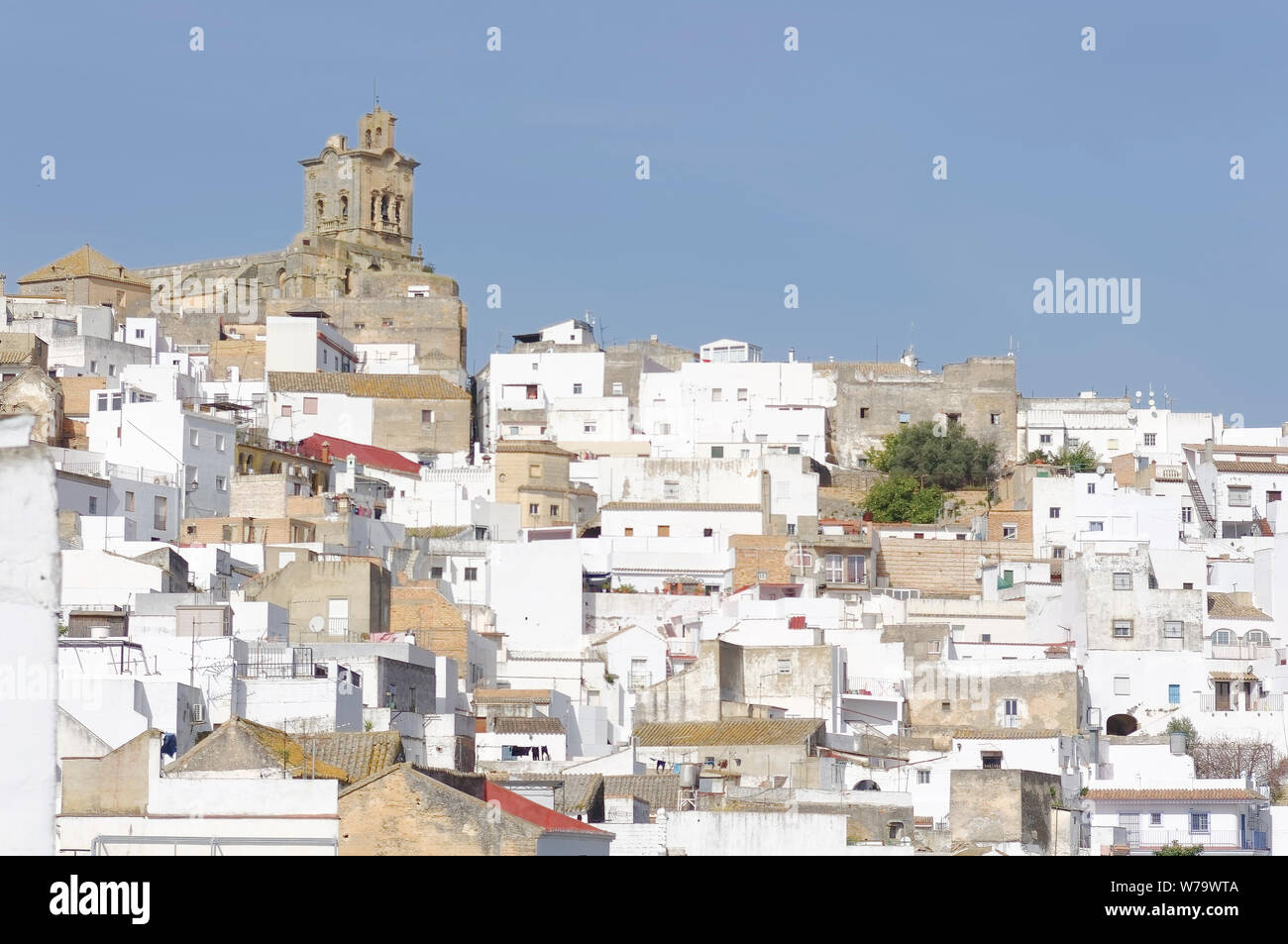 Town has a view atop a sandstone,from which Guadalete Valley is seen.Get its name by being the frontier of Spain's 13th century battle with the Moors. Stock Photo