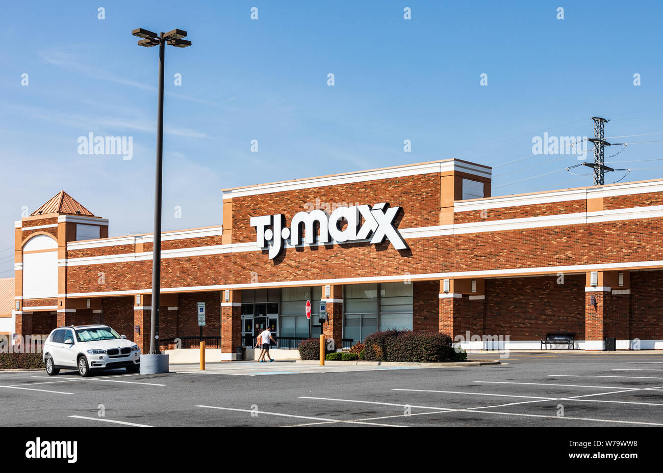 CHARLOTTE, NC, USA-28 July 19: One of over 1000 stores, this TJ Maxx stands in a strip mall on South Blvd. Stock Photo