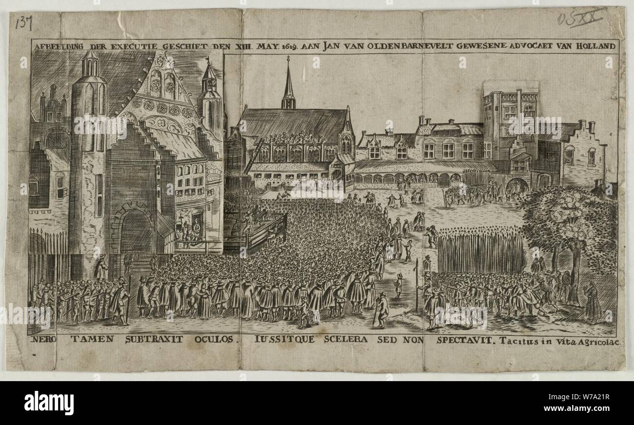 De onthoofding van Johan van Oldenbarnevelt op het Binnenhof te 's-Gravenhage op 13 mei 1619. Gezicht op het plein met alle omringende gebouwen en het verzamelde publiek. In de toren rechtsb, Stock Photo