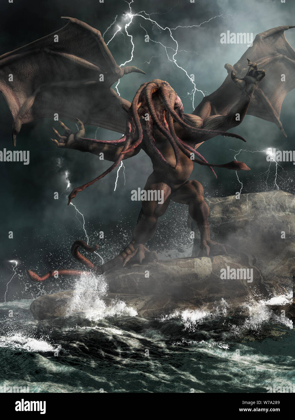 Cthulhu, the great old one of H. P. Lovecraft's mythos stands on rocks in a stormy sea highlighted by lightning. 3D Rendering Stock Photo