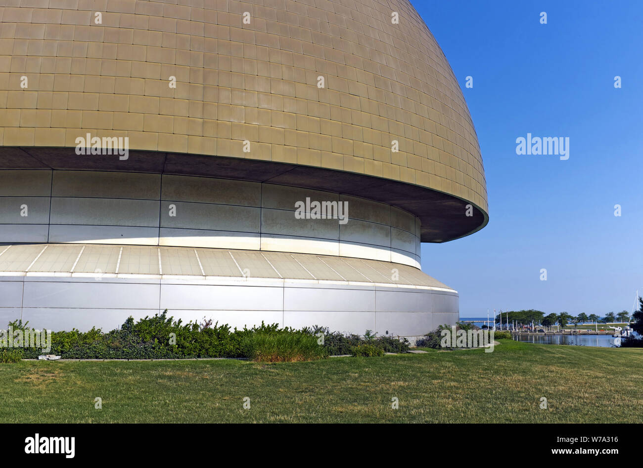 Unique shape of the exterior of the Great Lakes Science Center dome theater in the Northcoast Harbor of Cleveland, Ohio, USA. Stock Photo