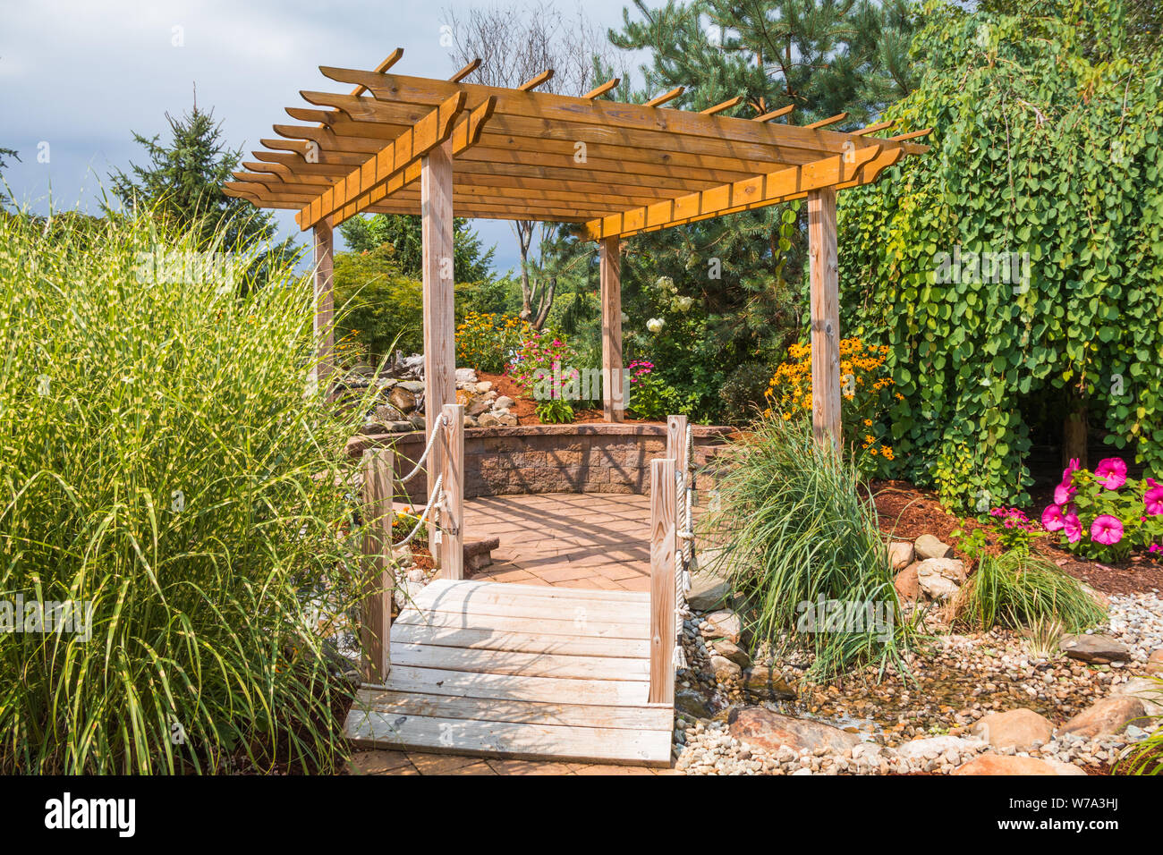 Landscape architecture with pergola and water features for summer