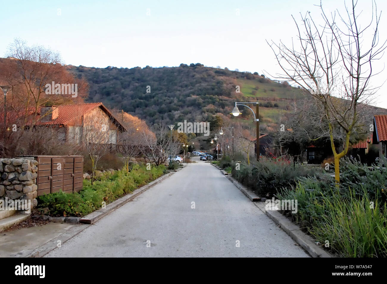 Looking down the main road of the Merom Golan resort in the Golan Heights of Israel. Stock Photo