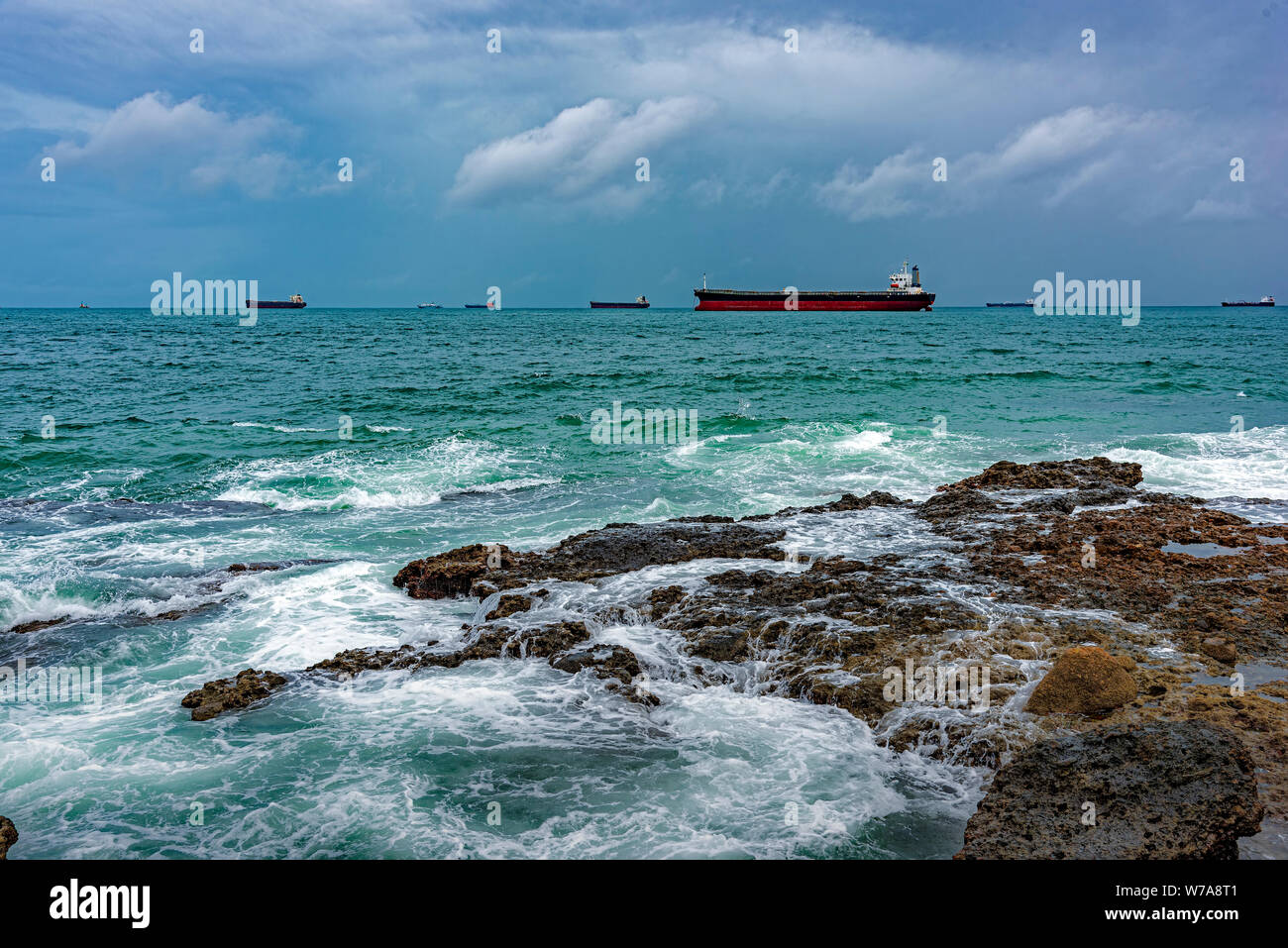 Some ships moored during bad weather at Todos os Santos Bay in Salvador, Bahia, Brazil Stock Photo