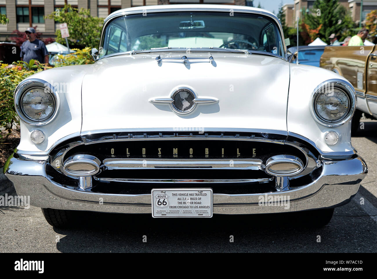 Front view of a 1955 Oldsmobile at a classic car show, Gig Harbow, Washington.  3 Aug. 2019 Stock Photo