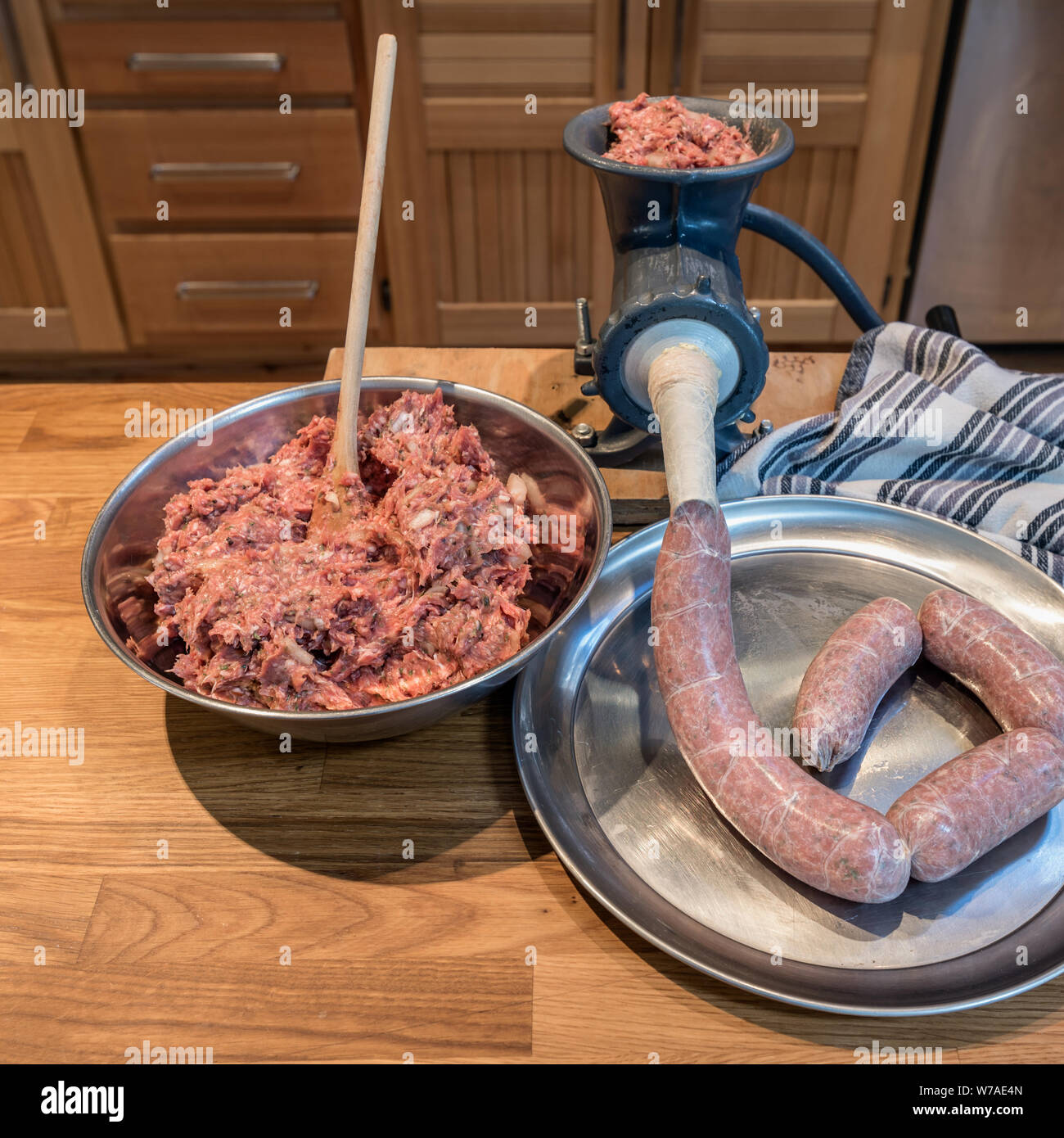 Homemade Sausage Being Stuffed into Casings Stock Photo Alamy