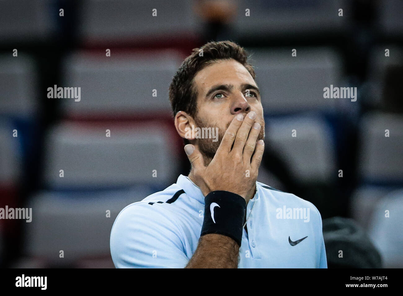 Juan Martin del Potro of Argentina celebrates after defating Viktor Troicki of Serbia in their quarterfinals of men's singles during the Shanghai Role Stock Photo