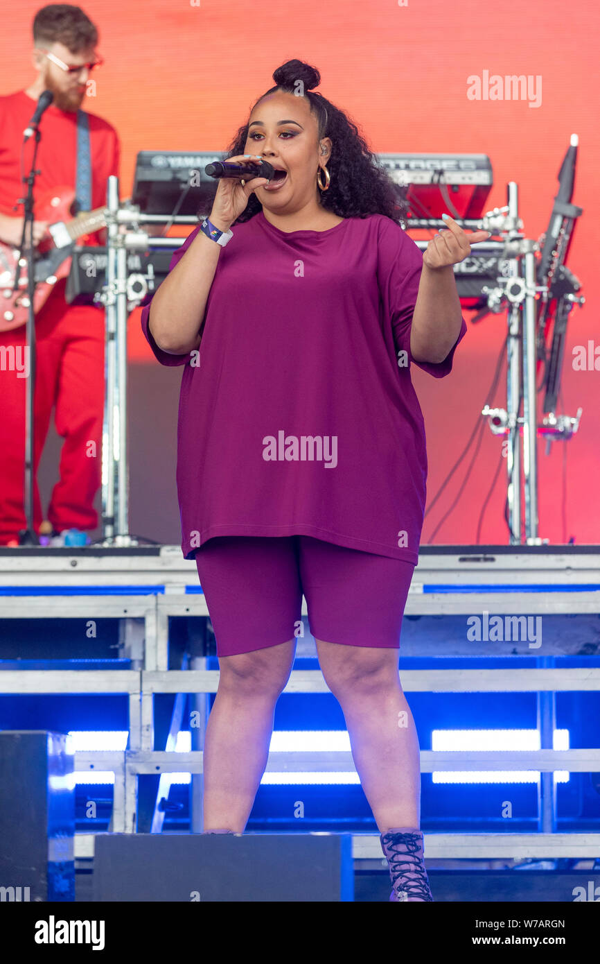 Brighton, UK. 03rd Aug, 2019. Singer, Nikki Cislyn performs with Clean  Bandit on the main stage at Brighton \u0026 Hove Pride Festival in Preston Park  in Brighton, England on August 03, 2019, image size:866x1390