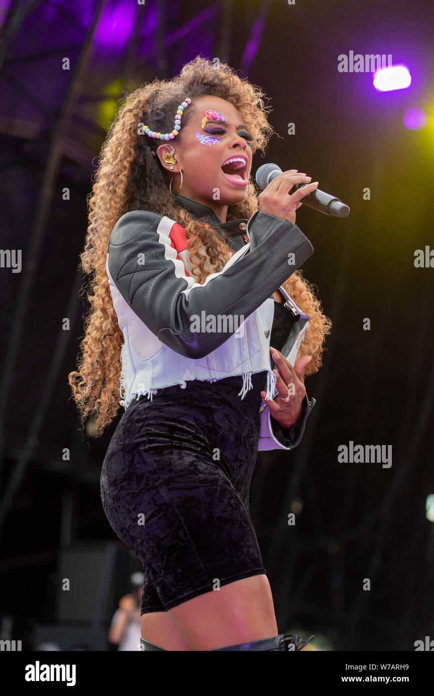 Brighton, UK. 03rd Aug, 2019. British Singer, Fleur East performs on the main stage at Brighton & Hove Pride Festival in Preston Park in Brighton, England on August 03, 2019 in Brighton, England. Credit: SOPA Images Limited/Alamy Live News Stock Photo