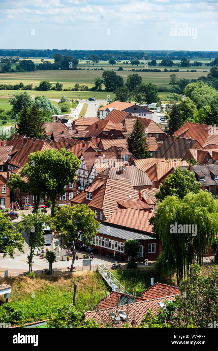 Hitzacker, Germany. 01st July, 2019. A view of the old town of Hitzacker. The old town lies on the Elbe, framed by two arms of the small Jeetzel, which repeatedly led to flooding during floods. Credit: Philipp Schulze/dpa/Alamy Live News Stock Photo