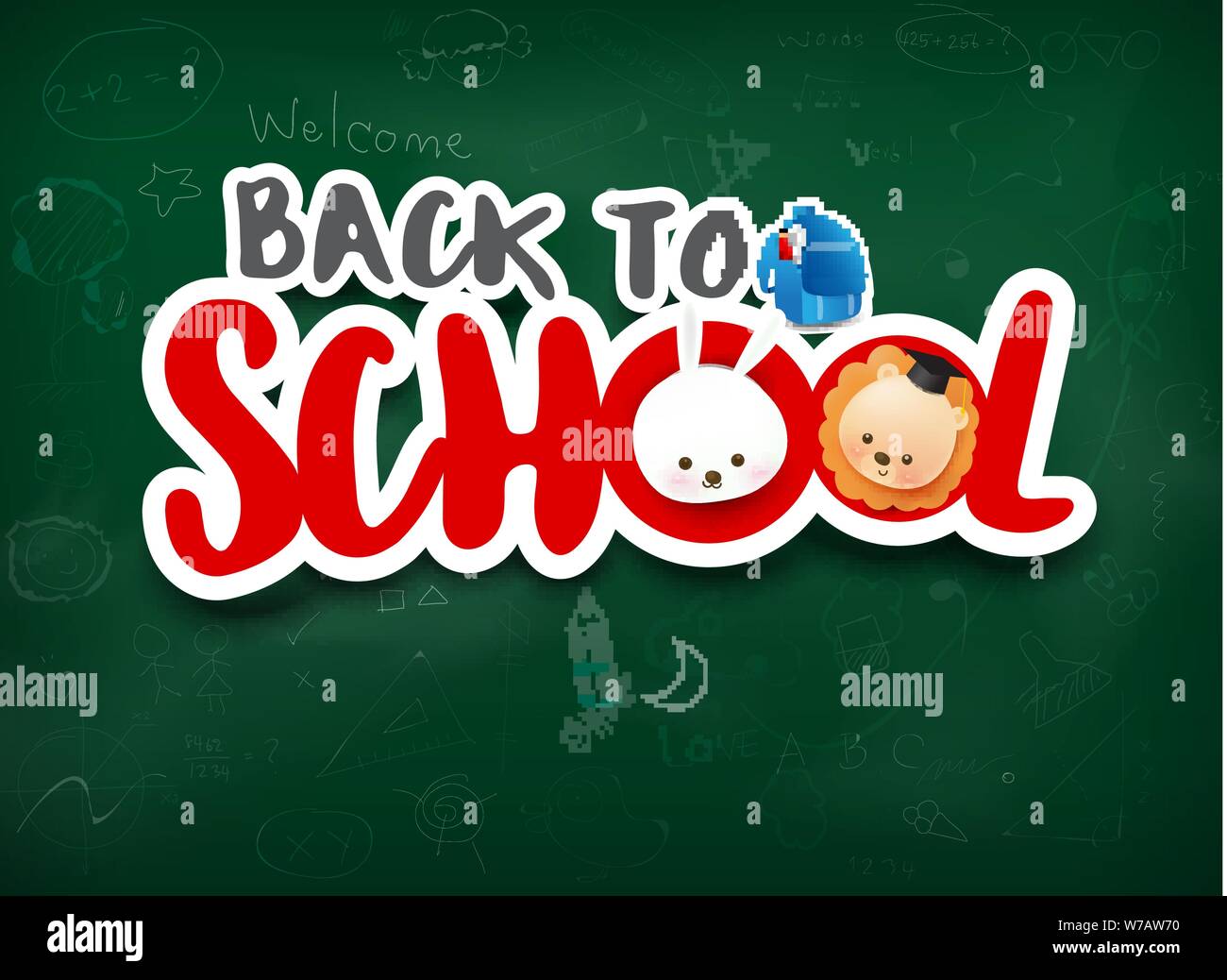 Calligraphy title back to school sticker style with cute animal cartoon ...
