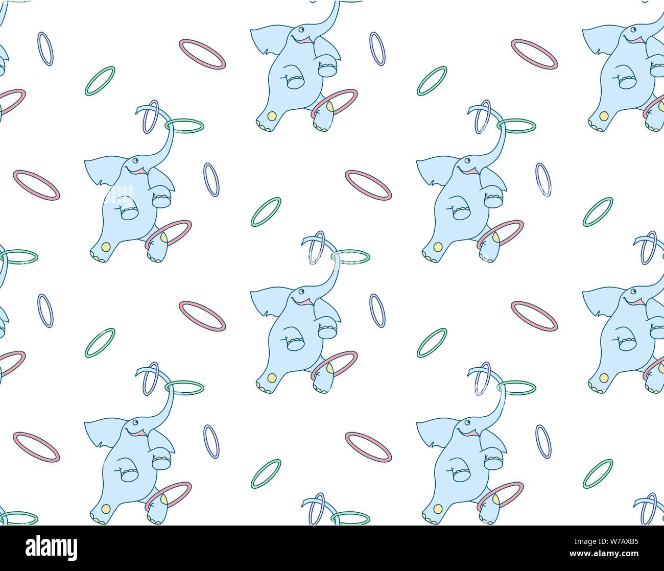 Vector seamless pattern of cheerful cartoon elephant juggler with hoops on white background Stock Vector
