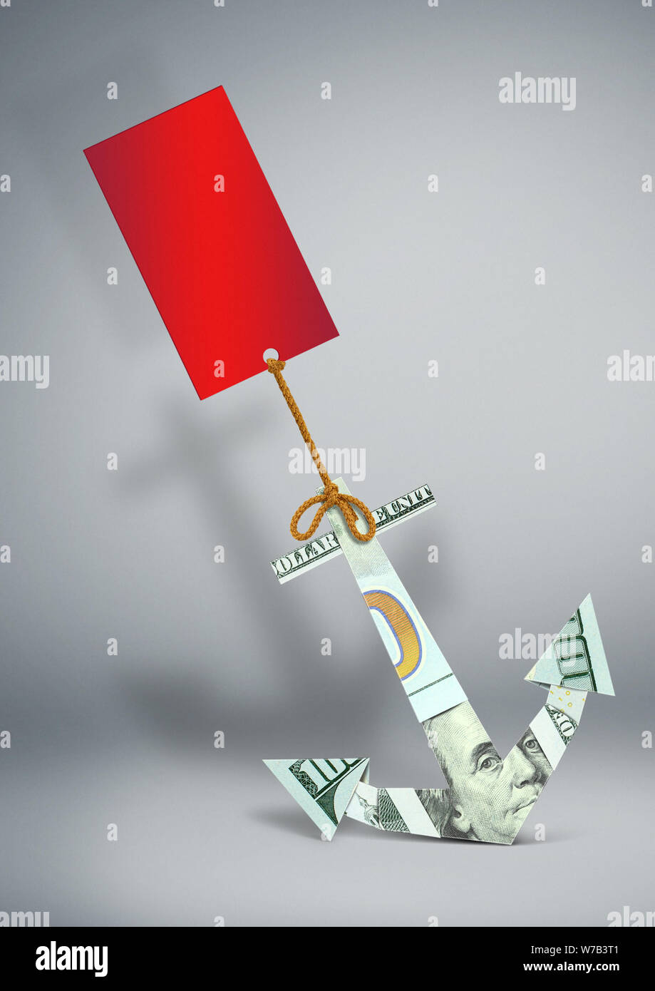 financial problems concept, anchor made of money with label Stock Photo