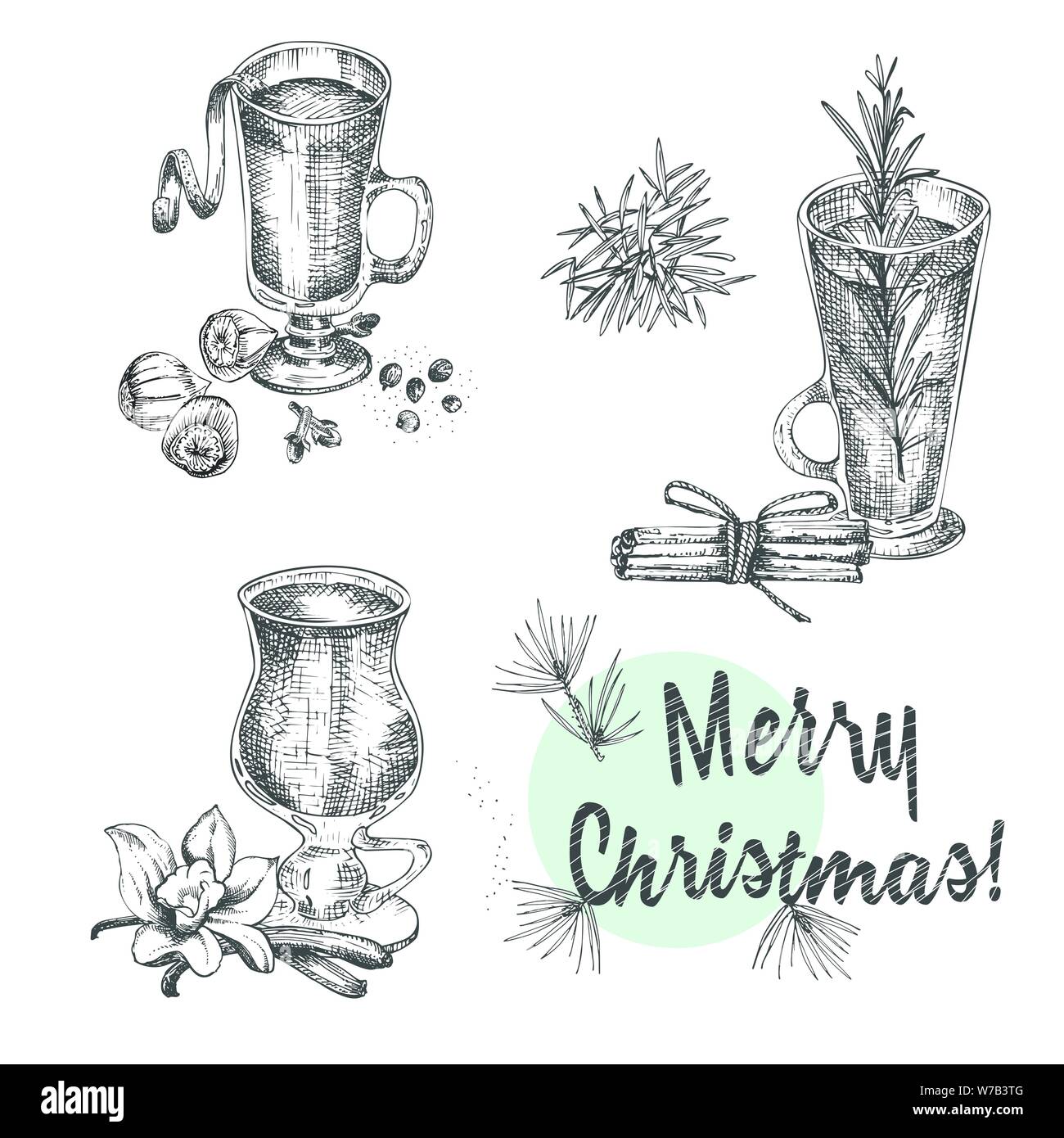 Set of hand drawn Christmas winter spices pattern and glasses of traditionally hot winter drinks. Mulled wine, eggnog, grog, cider, chocolate. Good Stock Vector