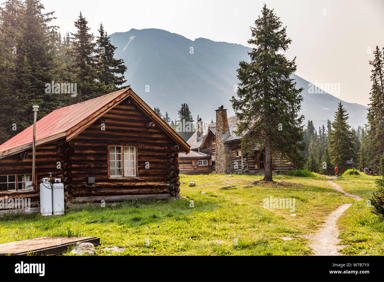 Bunkhouse and main lodge at Skoki Ski Lodge, a remote backcountry lodge located near Lake Louise in Banff National Park, Alberta, Canada. Stock Photo