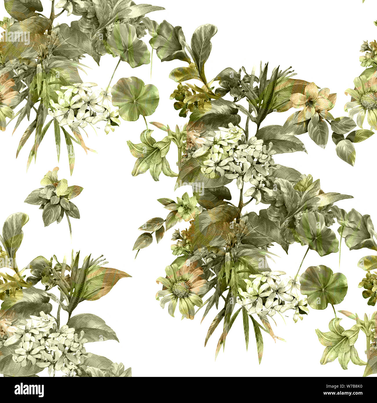 Watercolor painting of leaf and flowers, seamless pattern on white ...