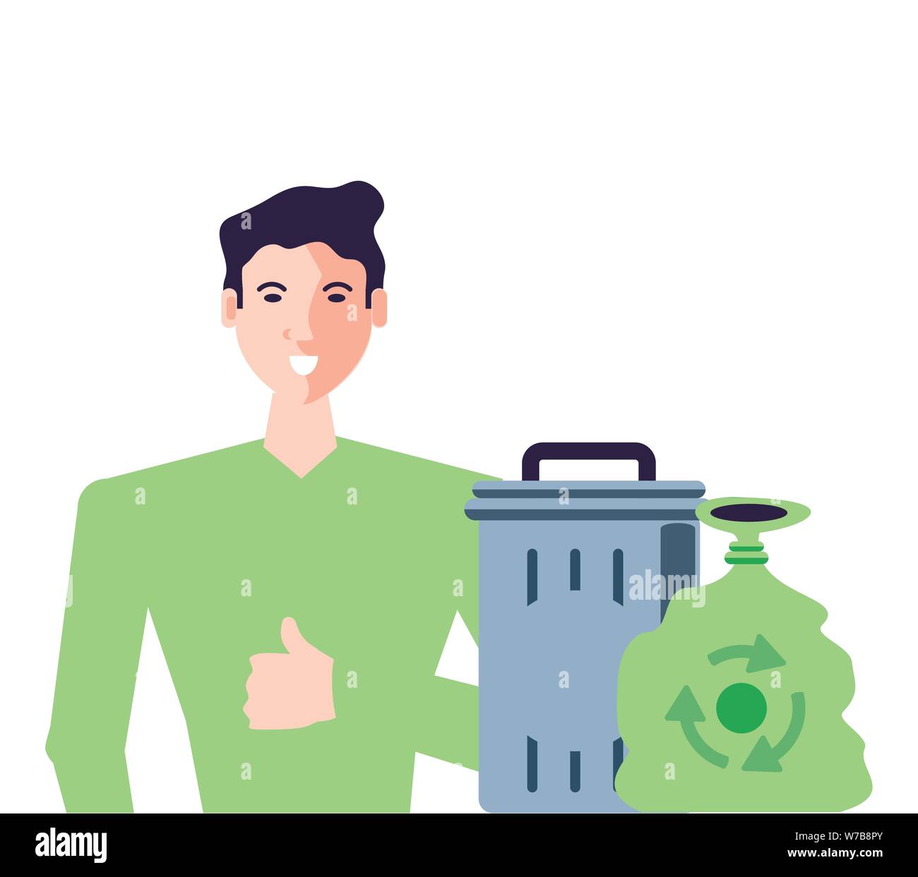 Young Man And Recycle Bin With Bag Vector Illustration Design Stock 