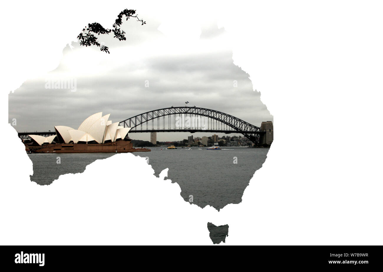 An image of the sydney opera house inside an image of australia. Stock Photo