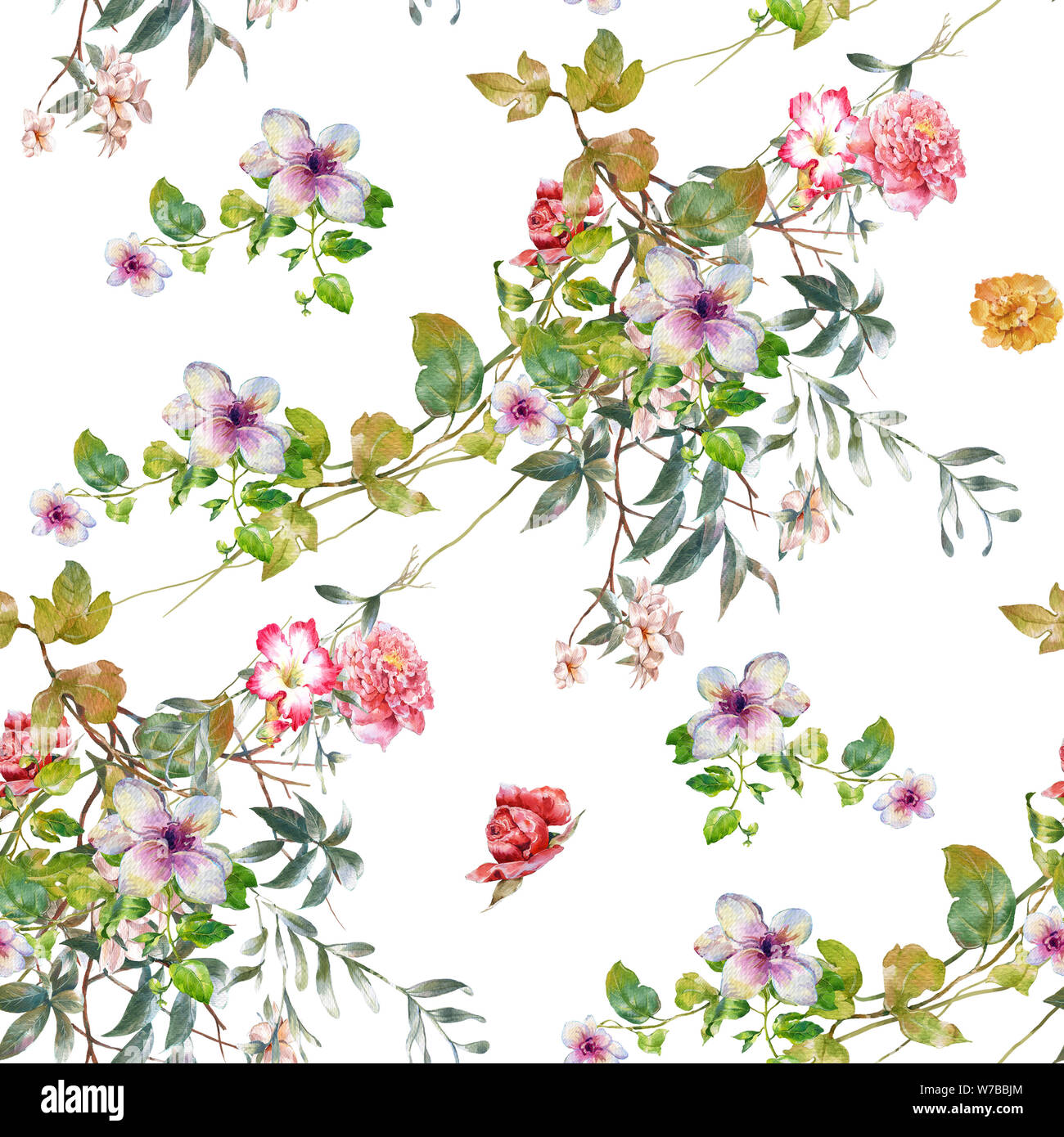 Watercolor painting of leaf and flowers, seamless pattern on white ...