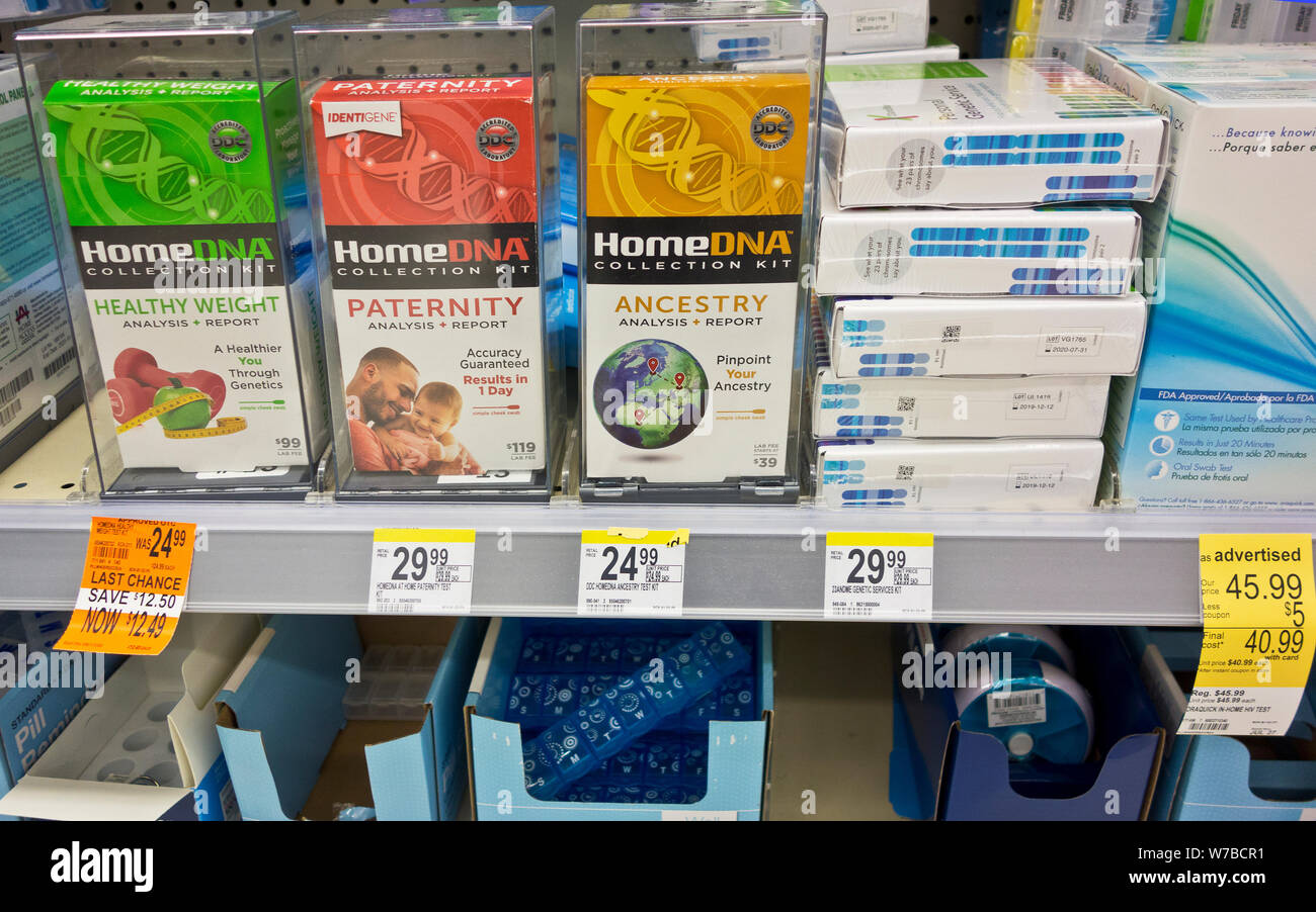 Home DNA testing kits for sale at a drugstore in the United States. Stock Photo
