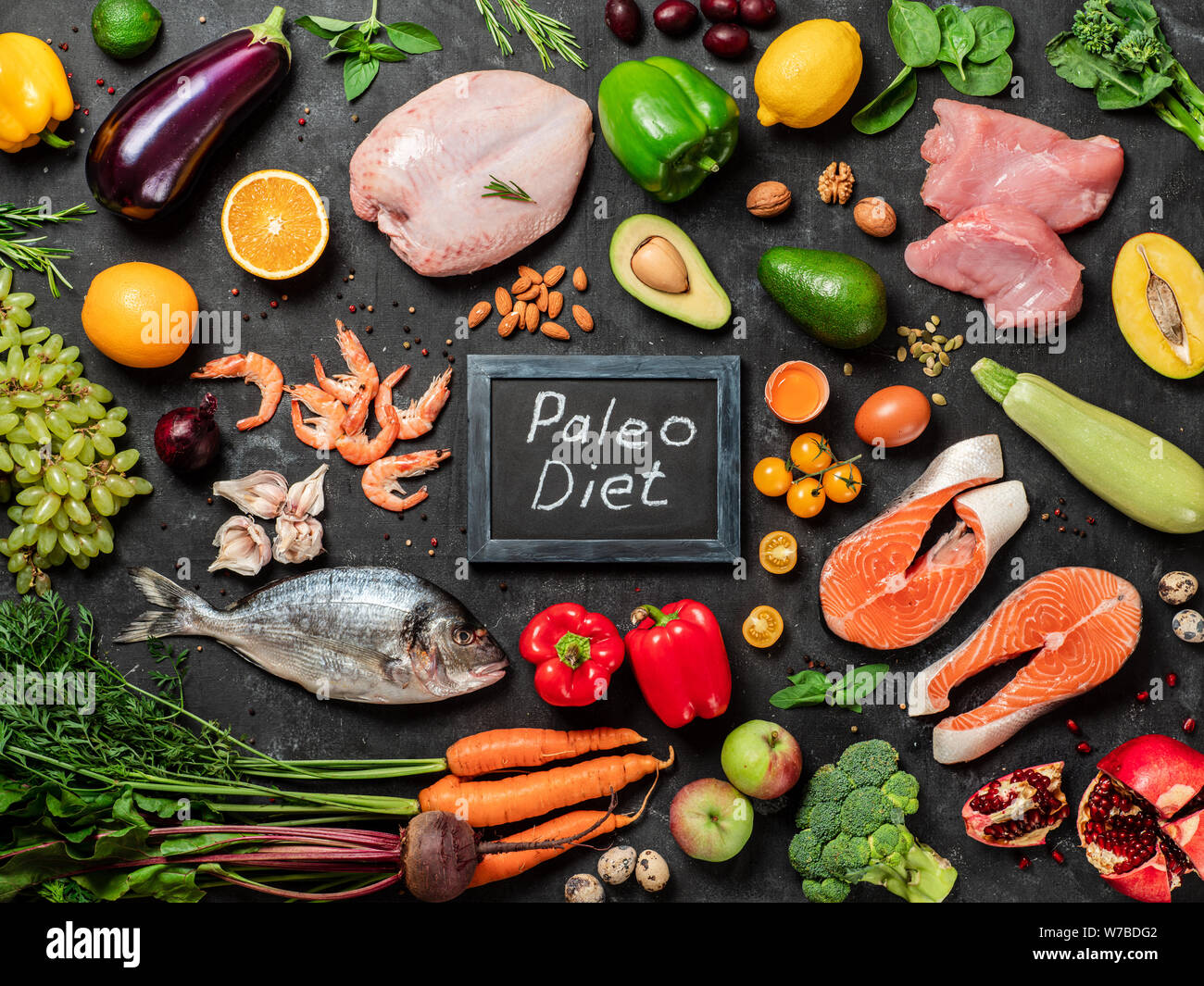 Paleo diet concept Raw ingredients for Paleo diet fish seafood