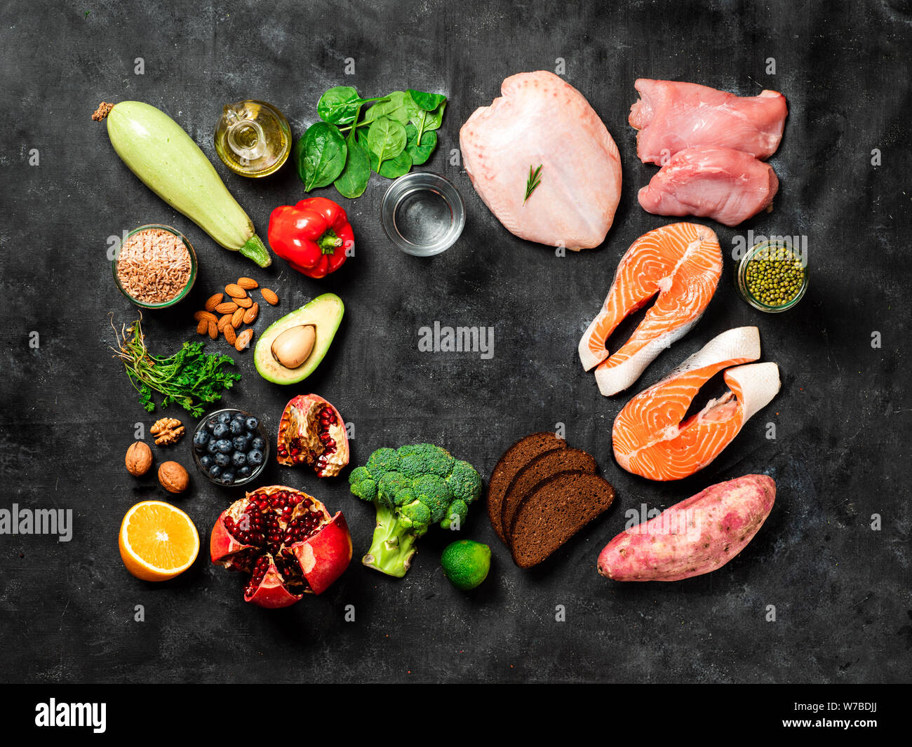 Anti Age menu concept with copy space in center. Different food ingredients dor Anti-age meal plan on dark background. Top view or flat lay. Stock Photo