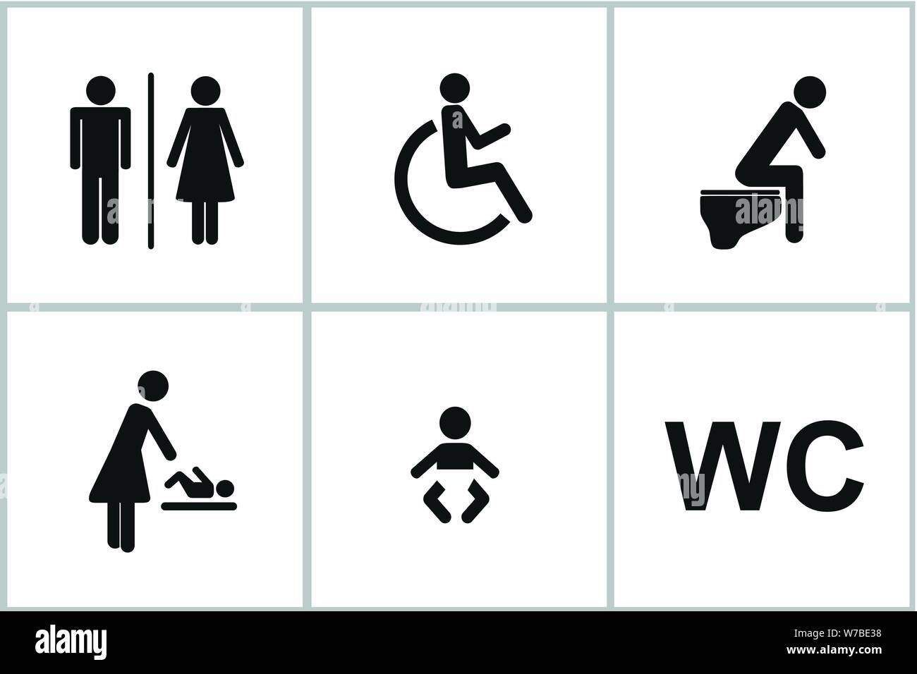 set of WC icons gender male female baby change handicapped toilet isolated on a white background pictogram vector illustration EPS10 Stock Vector