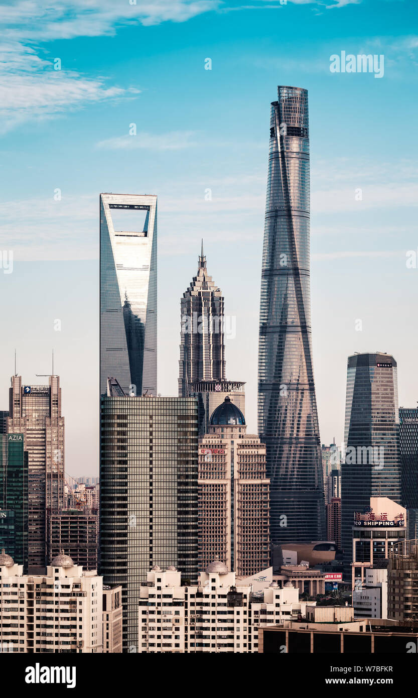 View of the Lujiazui Financial District with the Shanghai Tower, right tallest, the Shanghai World Financial Center, left tallest, the Jinmao Tower, c Stock Photo