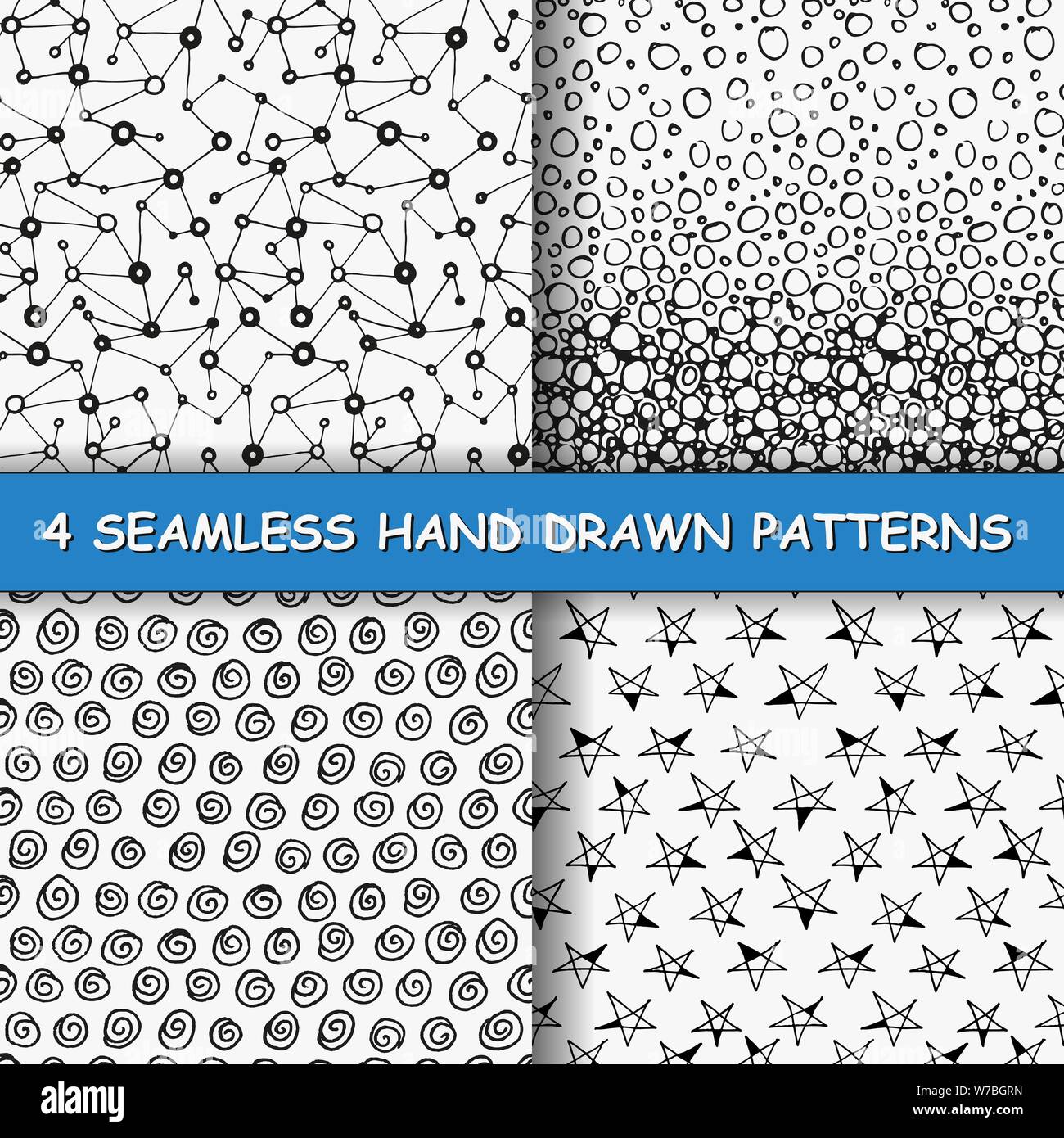 Set of four seamless hand drawn patterns. Graphic textures in black and ...