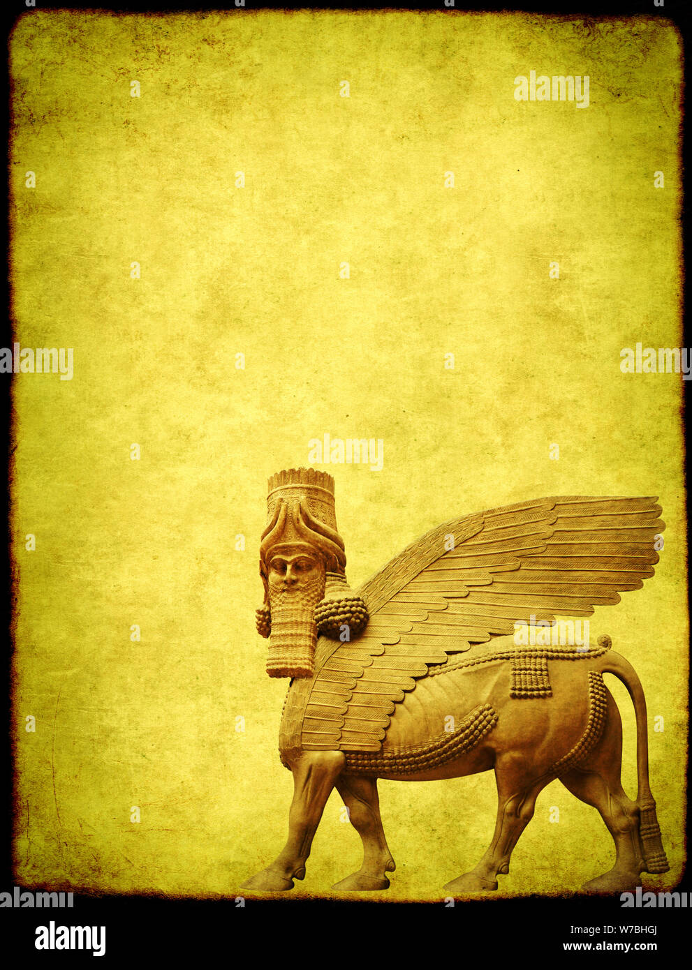 Grunge background with paper texture and lamassu - human-headed winged bull statue, Assyrian protective deity. Copy space for text. Mock up template Stock Photo