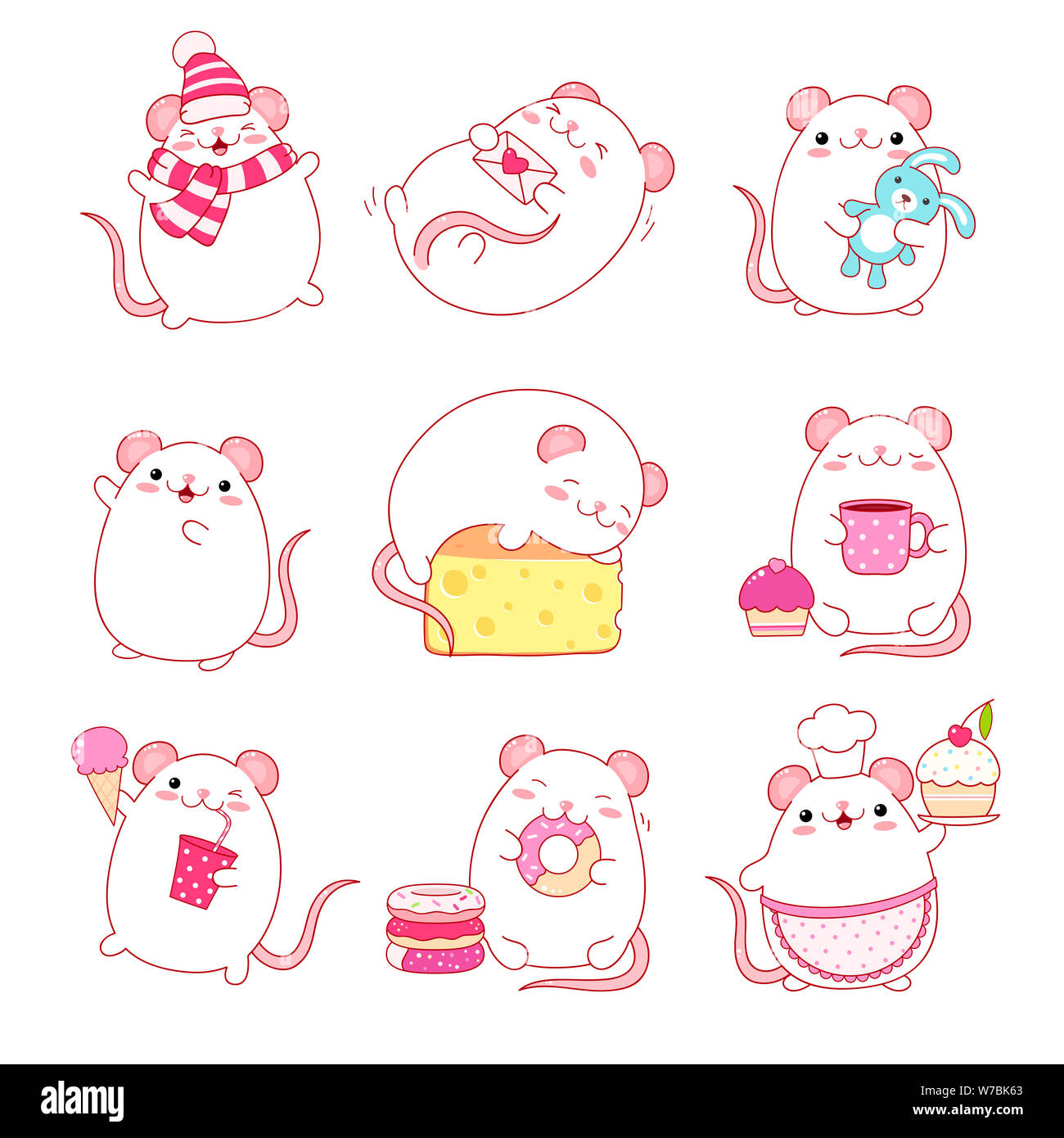 Set of cute white rats in kawaii style. Funny, happy, laughing, sleeping, running, eating, with toy, with letter, with cheese and donuts, ice cream an Stock Photo